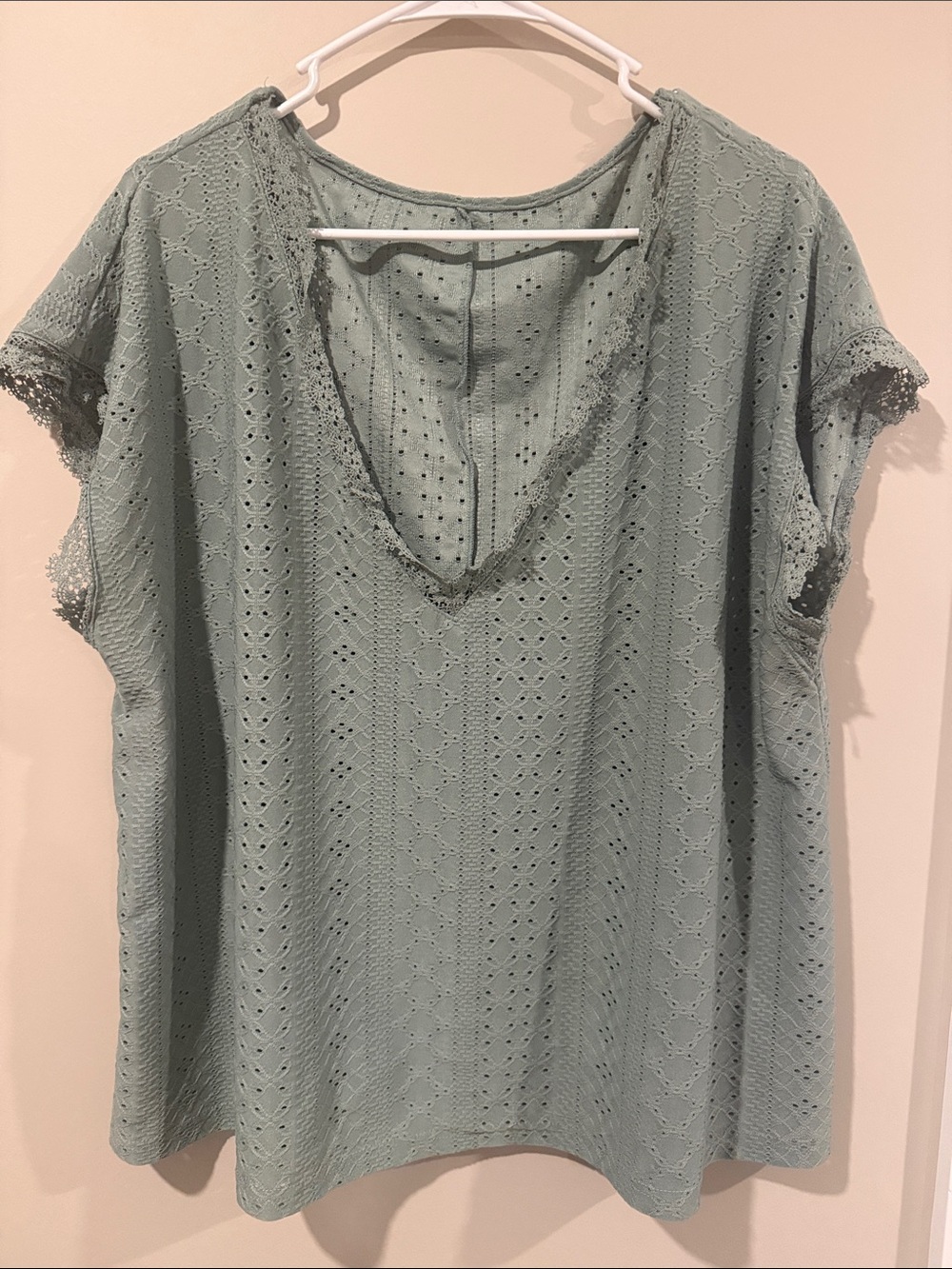 Women's Eyelet V-Neck Top - Sage Green
